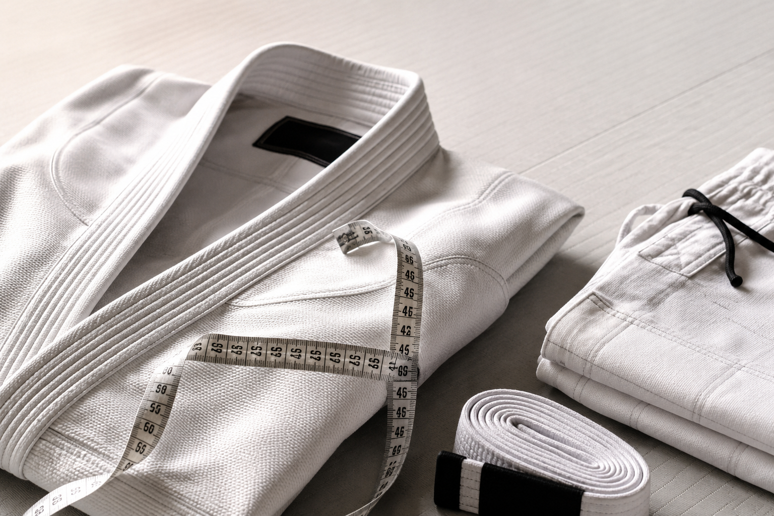 White Brazilian Jiu-Jitsu gi with measuring tape, folded gi pants, and white belt arranged on a neutral background for a BJJ gi sizing guide article.