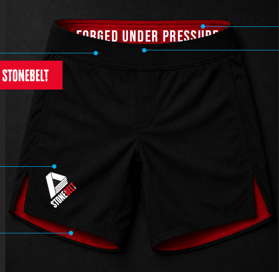 Stonebelt Heritage BJJ shorts in black with red lining and Forged Under Pressure waistband, no-gi fight shorts for BJJ training and competition. No-Gi BJJ Sizing Guide