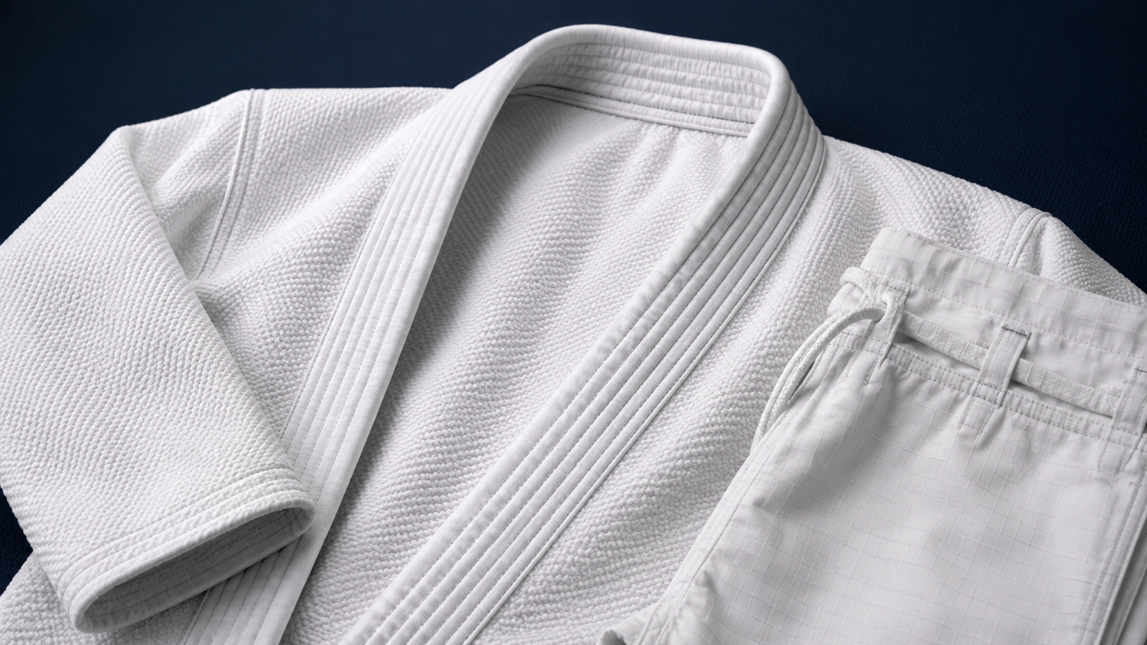 White BJJ gi showing pearl weave fabric, reinforced lapel stitching, and ripstop pants on a dark navy background.