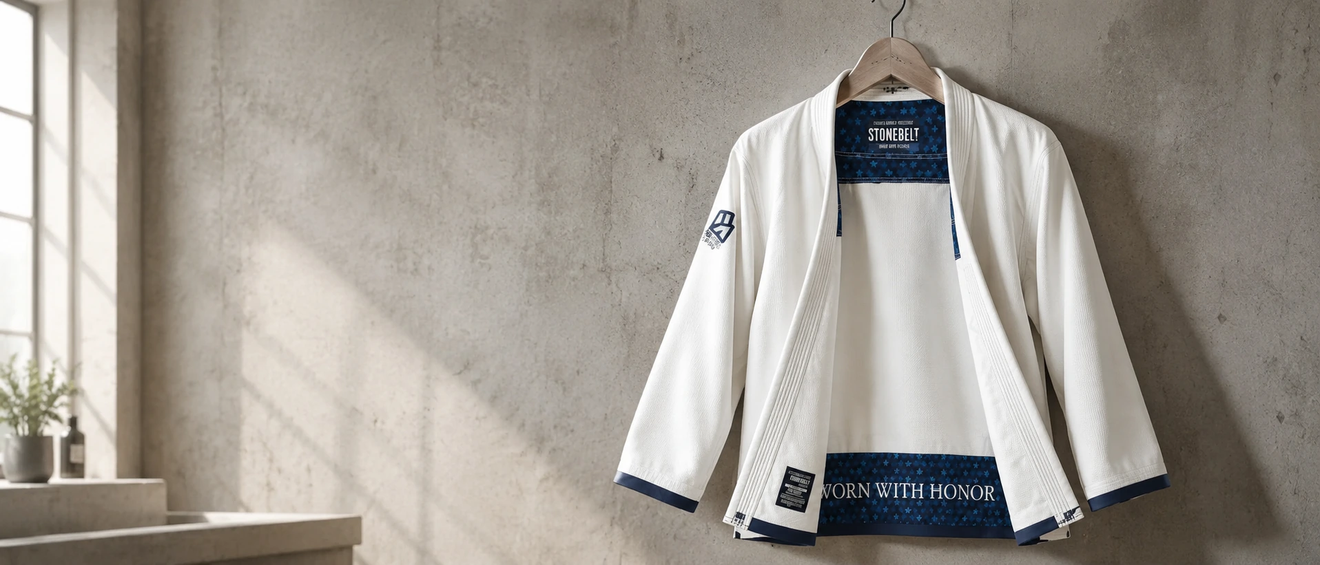White Stonebelt Heritage BJJ gi hanging to air dry after washing