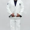 Stonebelt Heritage BJJ Gi in white, front view on model with white belt, showing pearl weave jacket and lapel