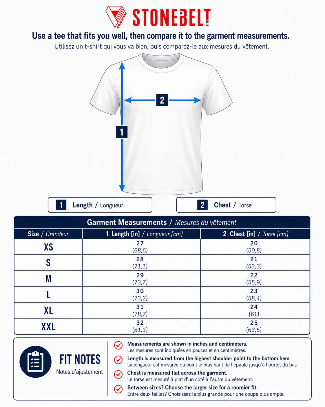 Stonebelt Classic Tee Size Guide Stonebelt Classic Tee size guide with length and chest measurements.