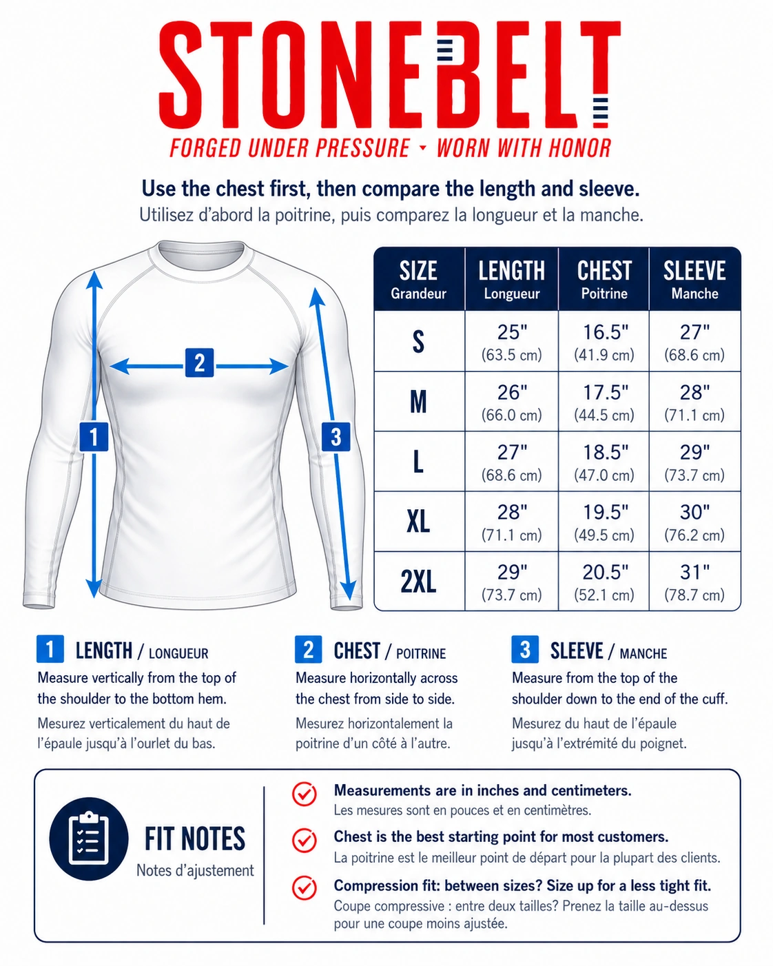 Stonebelt Long Sleeve Rashguard Size Guide Stonebelt long sleeve rashguard size guide with length, chest, and sleeve measurements.
