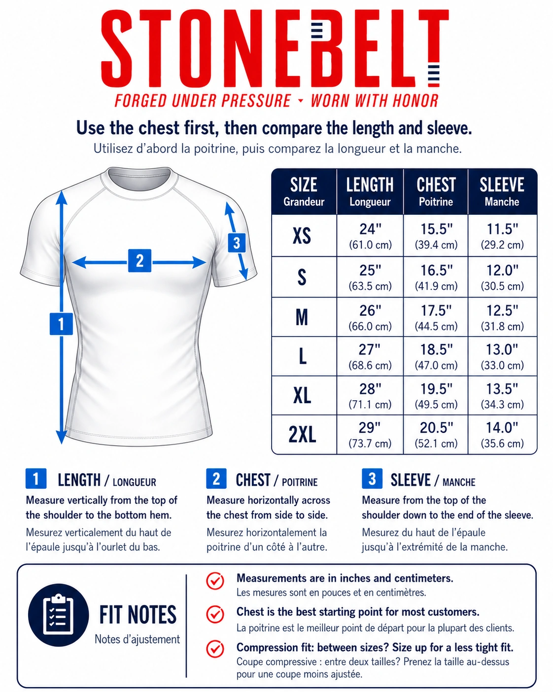 Stonebelt Short Sleeve Rashguard Size Guide Stonebelt short sleeve rashguard size guide with length, chest, and sleeve measurements.