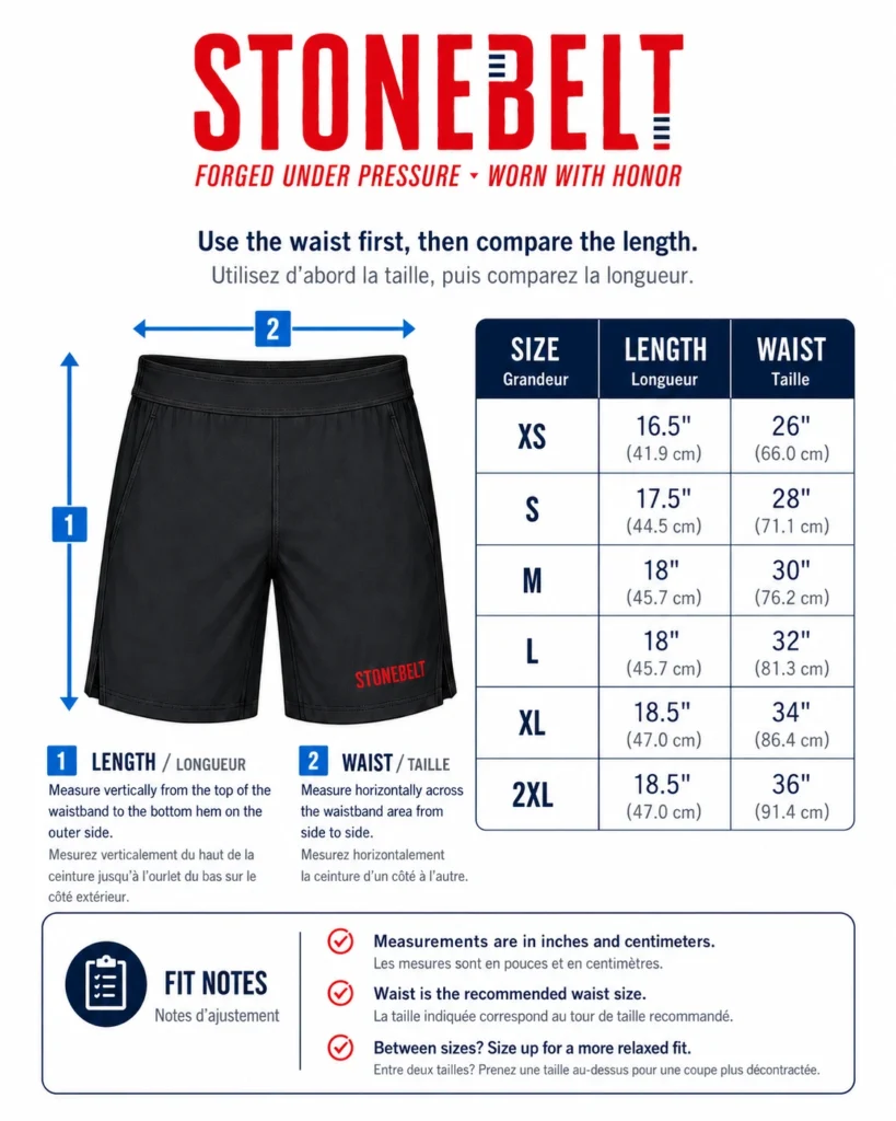 Stonebelt Shorts Size Guide Stonebelt shorts size guide with waist and length measurements in inches and centimeters.